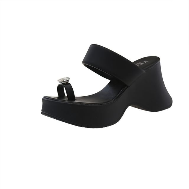 Platform Slide Heel Sandals Rhinestone Wedge Loop Toe