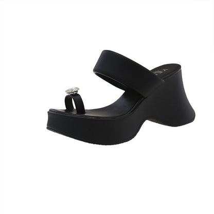 Platform Slide Heel Sandals Rhinestone Wedge Loop Toe