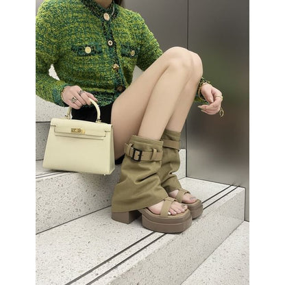Set: Sandals + Leg Slingback Chunky Buckled Warmers Heel Platform