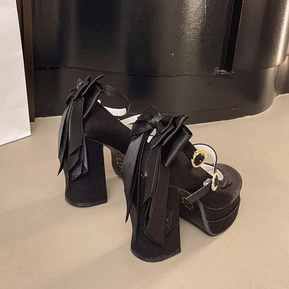 Chunky Embroidered Mary Platform Shoes Bow Jane Heel