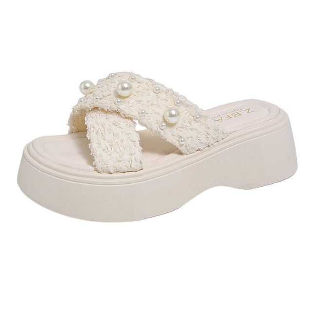 Slide Faux Platform Pearl Sandals Cross Criss