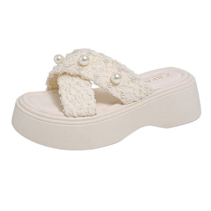 Slide Faux Platform Pearl Sandals Cross Criss