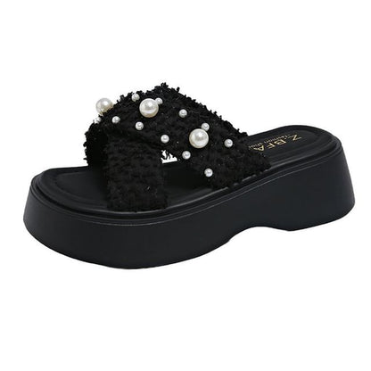 Slide Faux Platform Pearl Sandals Cross Criss
