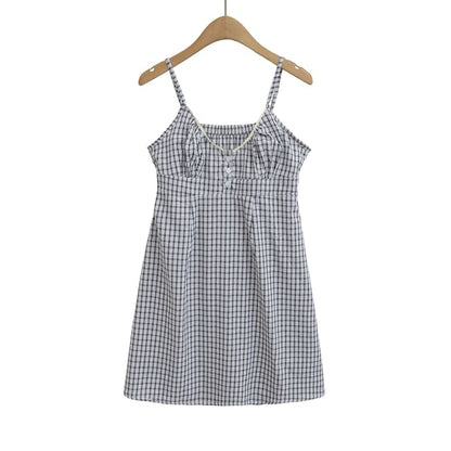 Spaghetti Strap V-Neck Plaid Mini A-Line Dress