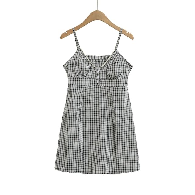Spaghetti Strap V-Neck Plaid Mini A-Line Dress