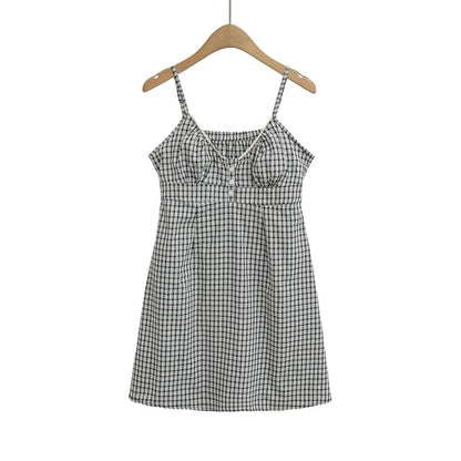 Spaghetti Strap V-Neck Plaid Mini A-Line Dress