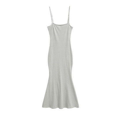 Spaghetti Strap Striped Ribbed Maxi Mermaid Dress