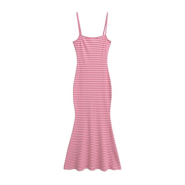 Spaghetti Strap Striped Ribbed Maxi Mermaid Dress