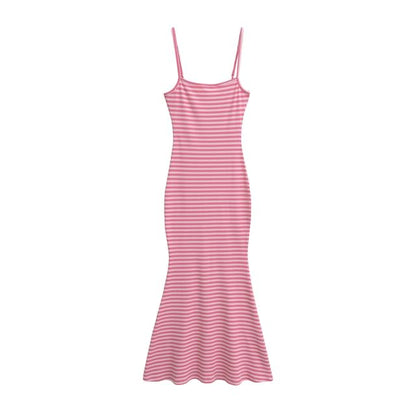 Spaghetti Strap Striped Ribbed Maxi Mermaid Dress