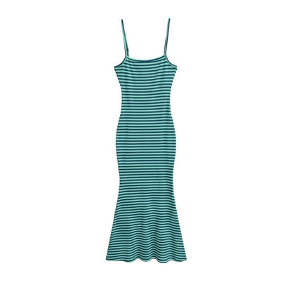 Spaghetti Strap Striped Ribbed Maxi Mermaid Dress
