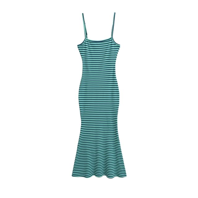 Striped Ribbed Spaghetti Strap Mermaid Maxi Dress
