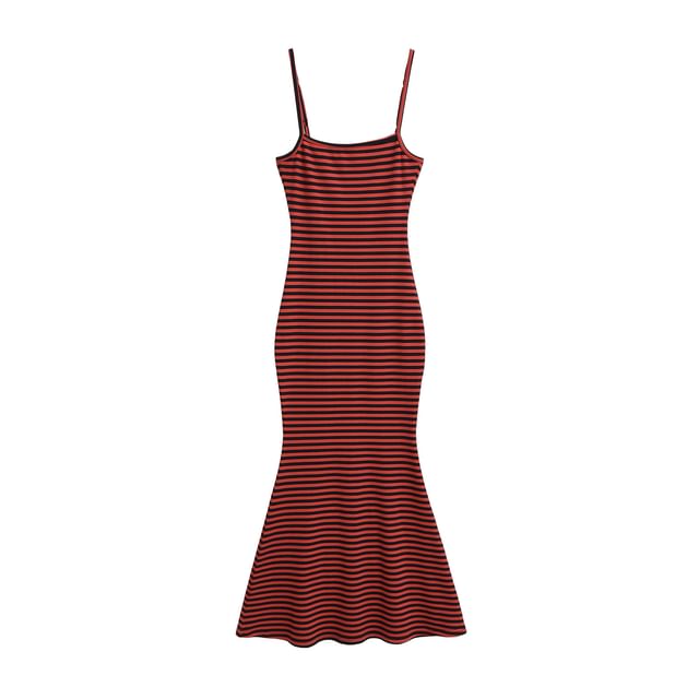 Spaghetti Strap Striped Ribbed Maxi Mermaid Dress