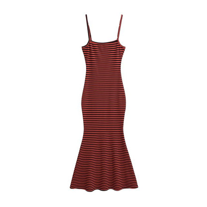 Spaghetti Strap Striped Ribbed Maxi Mermaid Dress