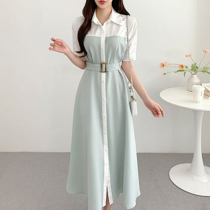 Belted Buckle Two-Tone Short-Sleeve Shirt Dress Maxi