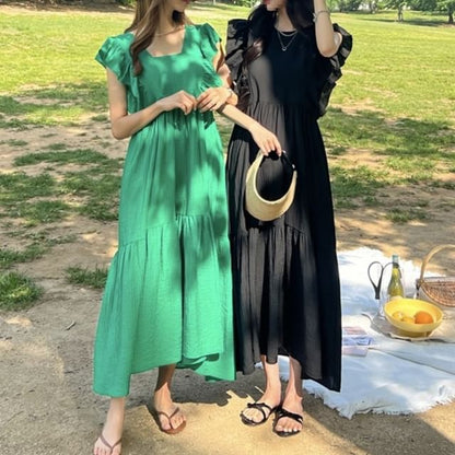 Square Neck Ruffle Hem Sleeveless Cotton Maxi Sundress