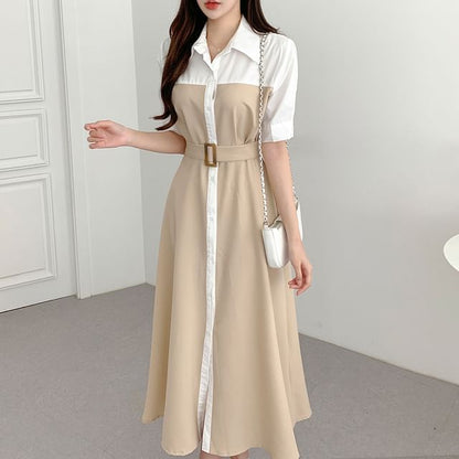 Belted Buckle Two-Tone Short-Sleeve Shirt Dress Maxi