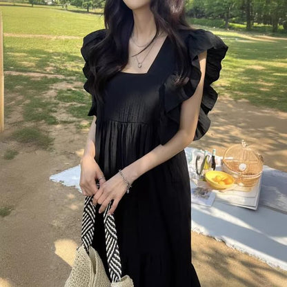 Square Neck Ruffle Hem Sleeveless Cotton Maxi Sundress