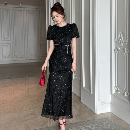 Short Sleeve Round Neck Glitter Ruched Mesh Maxi Trumpet Cocktail Dress