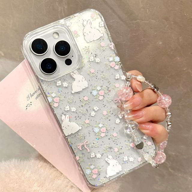 Rabbit Print Phone Case / Bead Phone Strap / Set