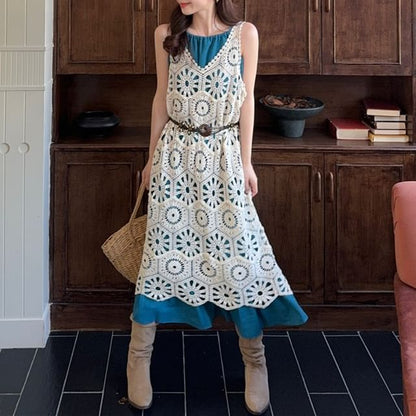 Spaghetti Strap Plain Ruffle Midi A-Line Dress / Sleeveless V-Neck Plain Crochet Knit Midi A-Line Dress