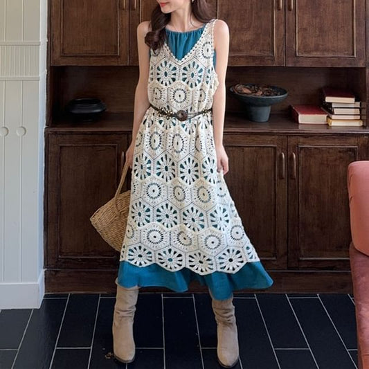 Spaghetti Strap Plain Ruffle Midi A-Line Dress / Sleeveless V-Neck Plain Crochet Knit Midi A-Line Dress