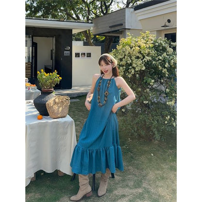Spaghetti Strap Plain Ruffle Midi A-Line Dress / Sleeveless V-Neck Plain Crochet Knit Midi A-Line Dress
