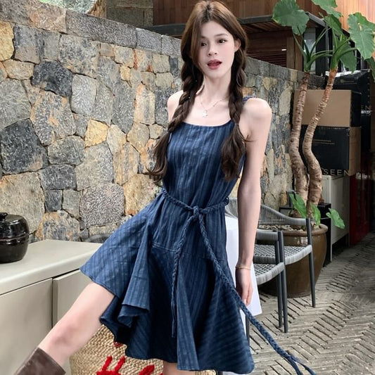 Spaghetti Strap Scoop Neck Striped Mini A-Line Dress