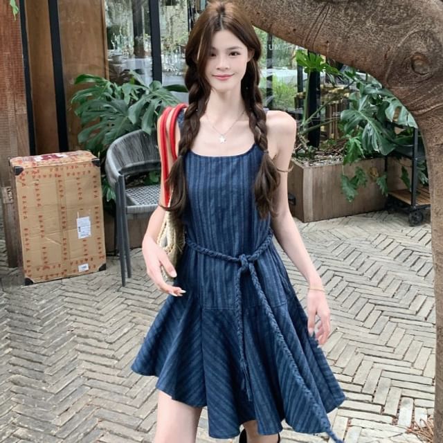 Spaghetti Strap Scoop Neck Striped Mini A-Line Dress