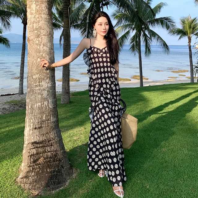 Spaghetti Strap V-Neck Ruffle Trim Dotted Maxi A-Line Dress