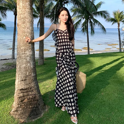 Dotted V-Neck A-Line Midi Dress with Ruffle Trim
