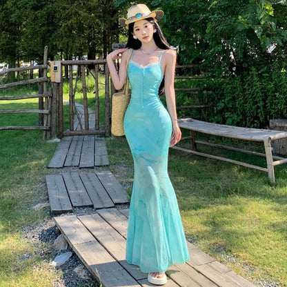 Spaghetti Strap Sweetheart Neck Tie-Dye Maxi Bodycon Dress