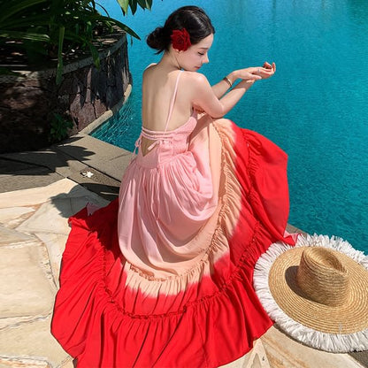 Spaghetti Strap Square Neck Gradient Ruffle Trim Maxi A-Line Dress