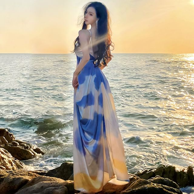 Spaghetti Strap V-Neck Gradient Maxi A-Line Dress
