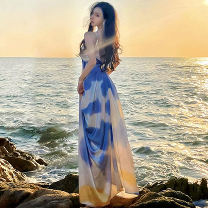 Spaghetti Strap V-Neck Gradient Maxi A-Line Dress