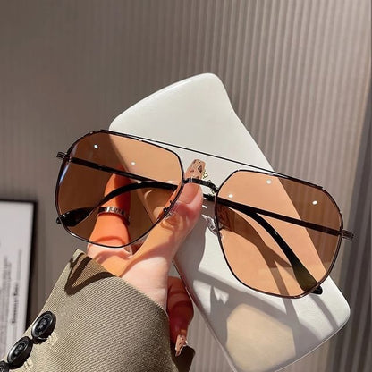 Double Bridge Metal Frame Polished Sunglasses / Case / Pouch / Cleaning Cloth / Set