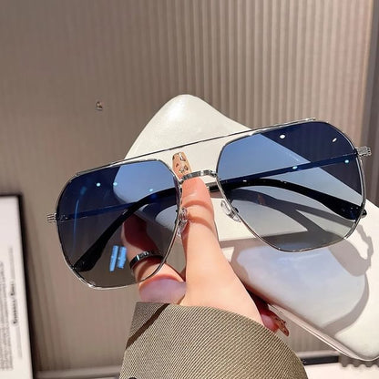 Double Bridge Metal Frame Polished Sunglasses / Case / Pouch / Cleaning Cloth / Set