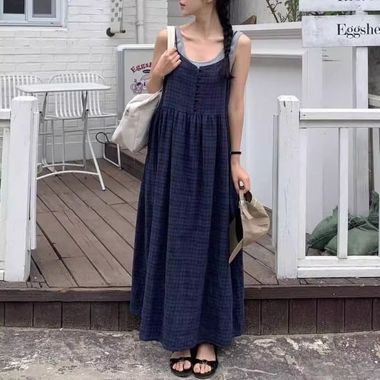 Spaghetti Strap V-Neck Half-Buttoned Midi A-Line Dress