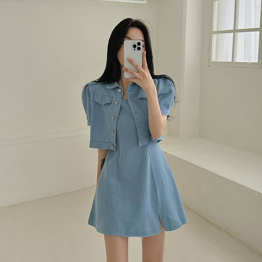 Spaghetti Strap Plain Slit Mini A-Line Dress / Short-Sleeve Collared Button-Up Crop Jacket