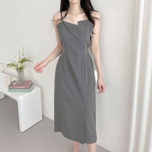 Spaghetti Strap Asymmetrical Neck Plain Midi A-Line Dress