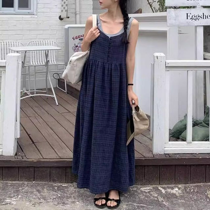 Spaghetti Strap V-Neck Half-Buttoned Midi A-Line Dress