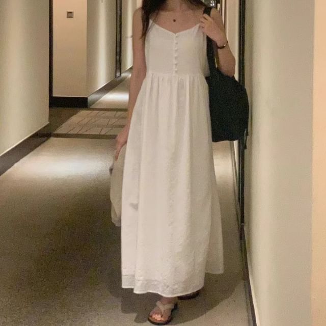 Spaghetti Strap V-Neck Half-Buttoned Midi A-Line Dress