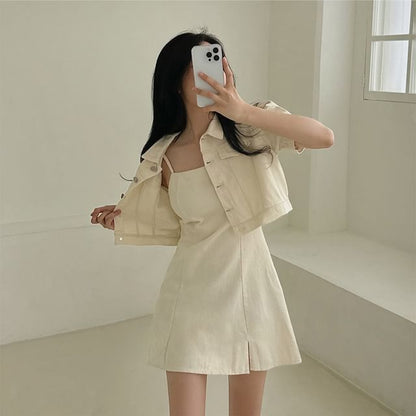 Spaghetti Strap Plain Slit Mini A-Line Dress / Short-Sleeve Collared Button-Up Crop Jacket