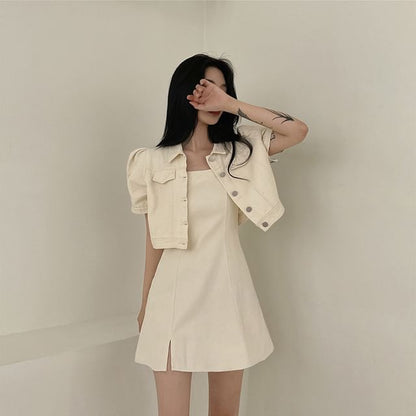 Spaghetti Strap Plain Slit Mini A-Line Dress / Short-Sleeve Collared Button-Up Crop Jacket
