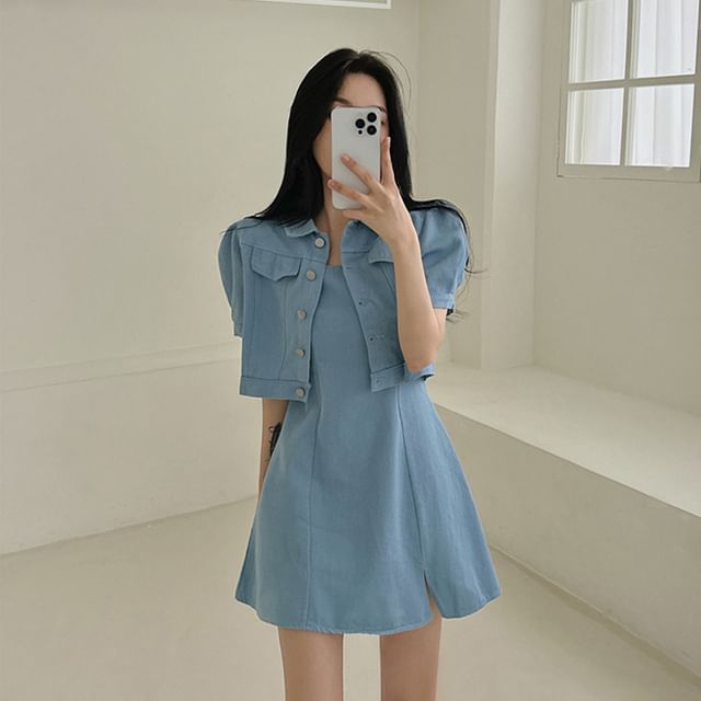 Spaghetti Strap Plain Slit Mini A-Line Dress / Short-Sleeve Collared Button-Up Crop Jacket