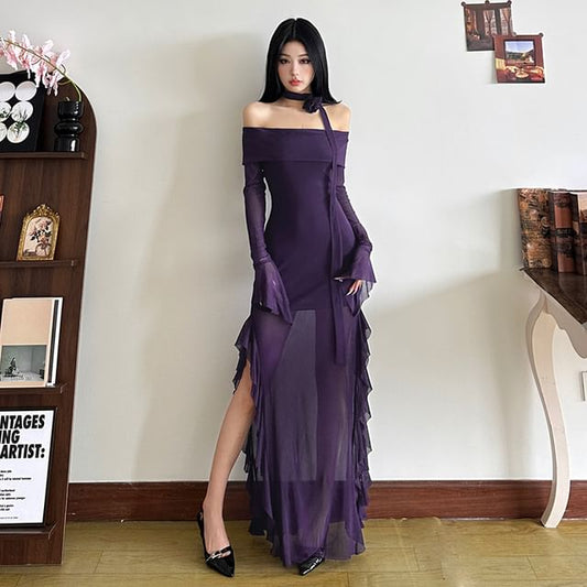 Off-Shoulder Maxi Dress with Long Sleeves, Sheer Ruffle Trim
