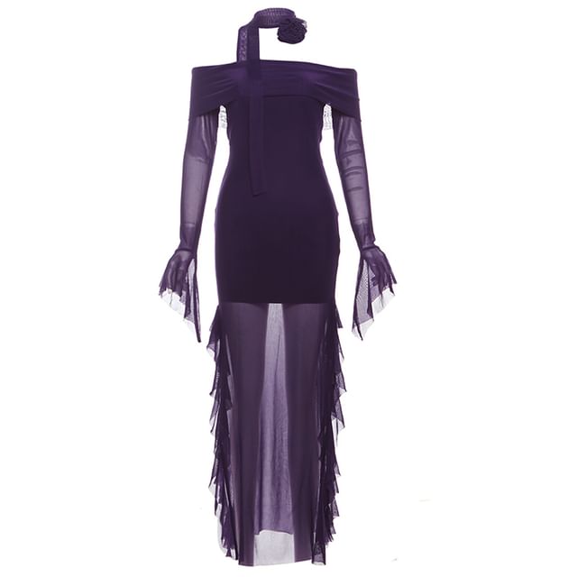 Off-Shoulder Maxi Dress with Long Sleeves, Sheer Ruffle Trim