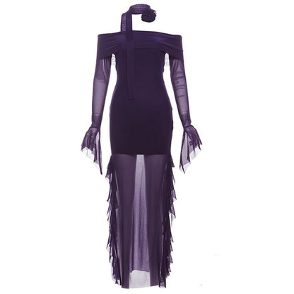 Off-Shoulder Maxi Dress with Long Sleeves, Sheer Ruffle Trim