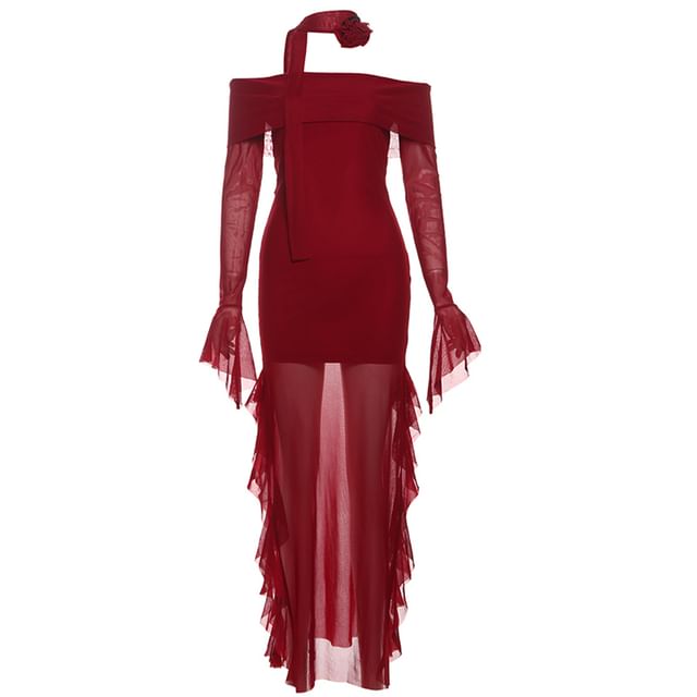 Off-Shoulder Maxi Dress with Long Sleeves, Sheer Ruffle Trim