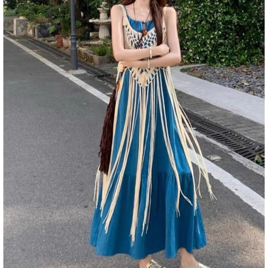 Spaghetti Strap A-Line Maxi Dress, Fringed Camisole Top