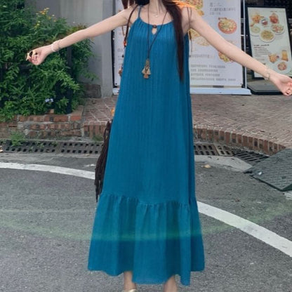 Spaghetti Strap A-Line Maxi Dress, Fringed Camisole Top